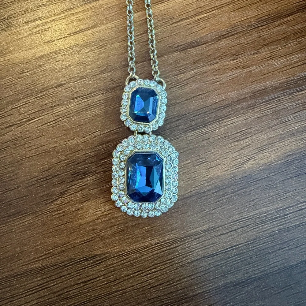 Monet JcPenney Bauble Bar Blue and Gold Rhinestone Necklace